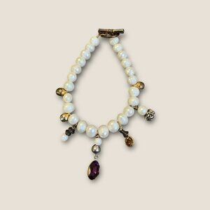 Freshwater Pearl Charm Bracelet Featuring Faux Gemstones And Silver Beads